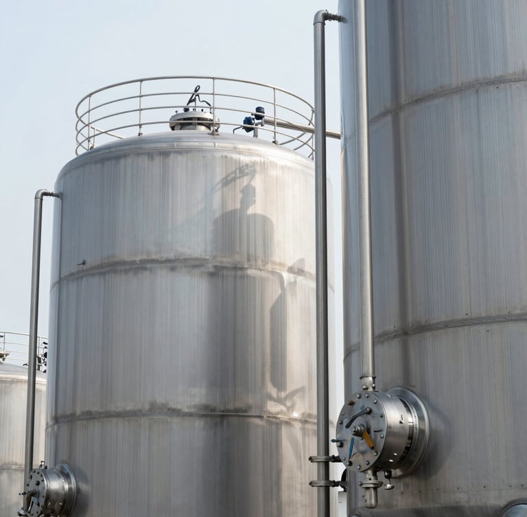 Sharp architectural shot of pristine stainless steel chemical storage tanks under cool industrial daylight, clean lines, technical focus.