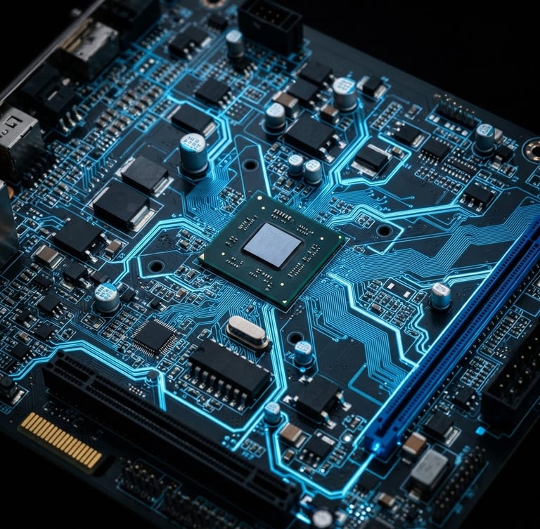 Close-up of a high-tech circuit board with electric blue glowing traces, set against a dark background, sharp focus on the components, studio lighting, macro detail, wide aspect.