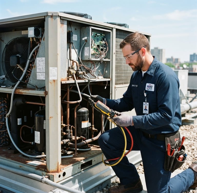A certified HVAC technician in a clean branded uniform inspecting a complex outdoor commercial compressor unit, bright daylight, crisp technical details, 35mm lens.