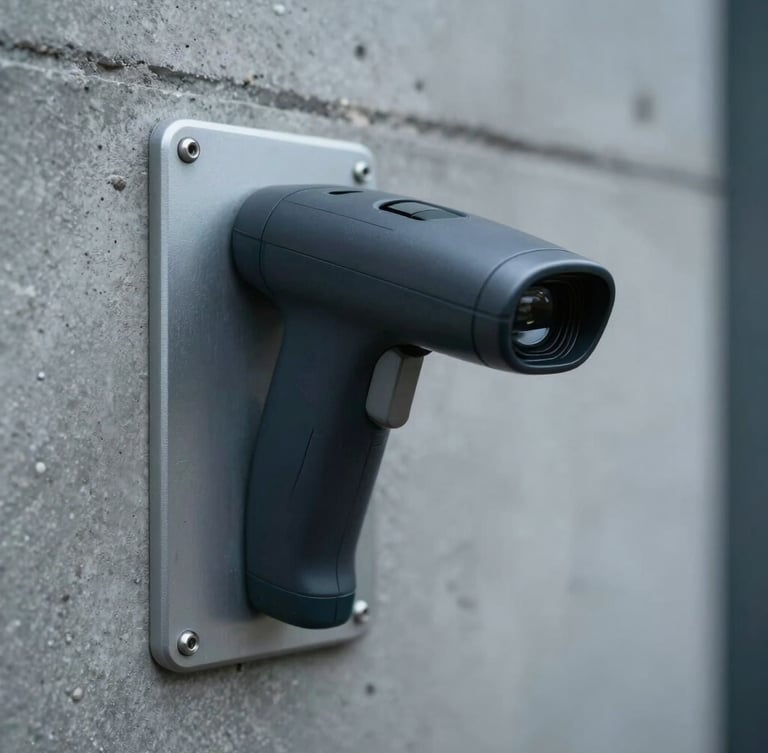 Close-up of a high-security biometric hand scanner on a reinforced concrete wall, cool directional lighting, sharp focus.