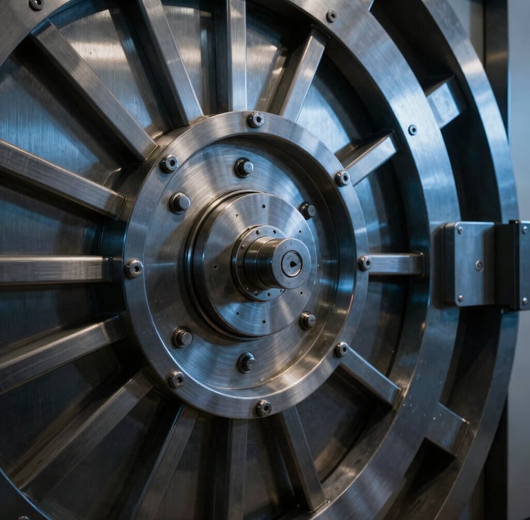 A heavy brushed steel vault door mechanism with intricate locking bolts, dramatic low-key directional lighting, deep shadows, crisp metallic textures, cool midnight blue highlights, architectural crop.