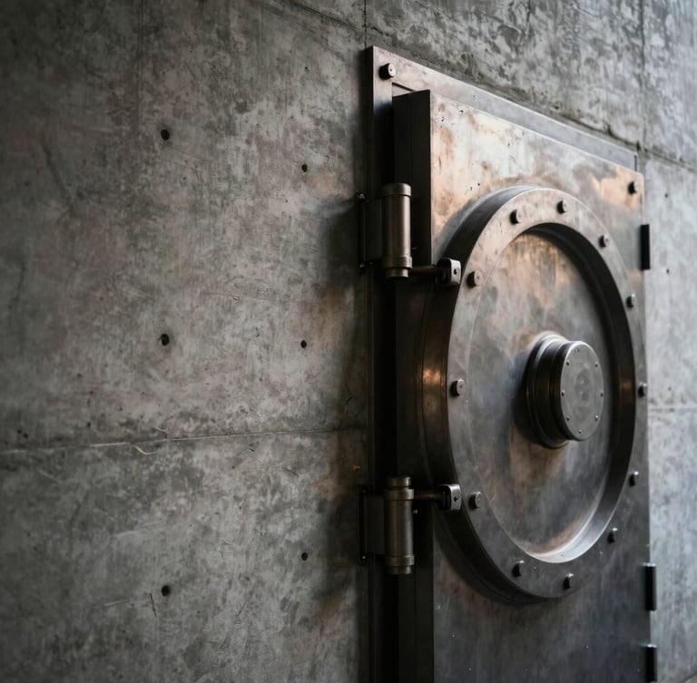 Tight architectural crop of a reinforced concrete wall meeting a massive steel vault door edge, low-key dramatic directional lighting, high contrast.