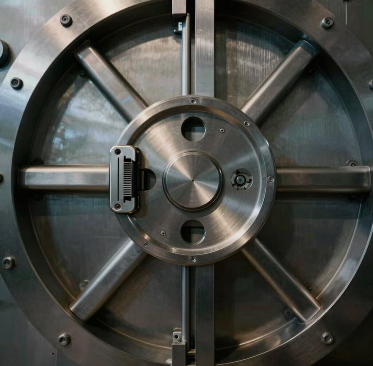 Symmetrical close-up of a brushed steel vault locking mechanism, dramatic directional lighting, deep shadows, cool-toned highlights.