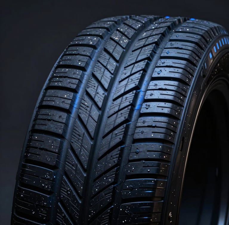 Macro close-up of high-performance tyre tread pattern, dramatic studio lighting with blue highlights, deep charcoal background, sharp details