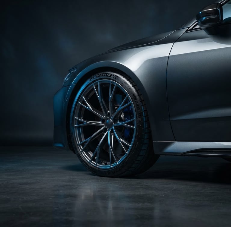 Sleek low-angle shot of a premium sedan showcasing pristine alloy rims and sharp tread patterns, dramatic studio rim lighting, deep charcoal background, 85mm lens