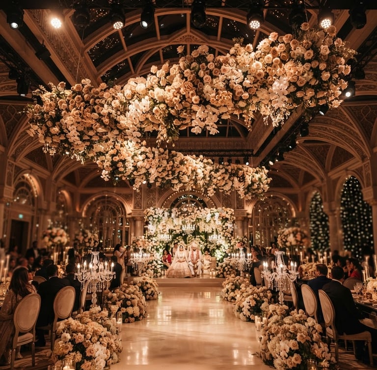 Wide environmental shot of a grand wedding pavilion in Dubai, architectural floral installations suspended from a high ceiling, warm ambient spotlighting, shallow depth of field