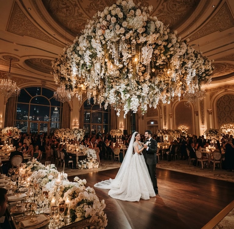 Wide environmental shot of a grand-scale wedding reception in Dubai, architectural floral canopy suspended from a high ceiling, warm dramatic ambient spotlighting, rich champagne and white tones