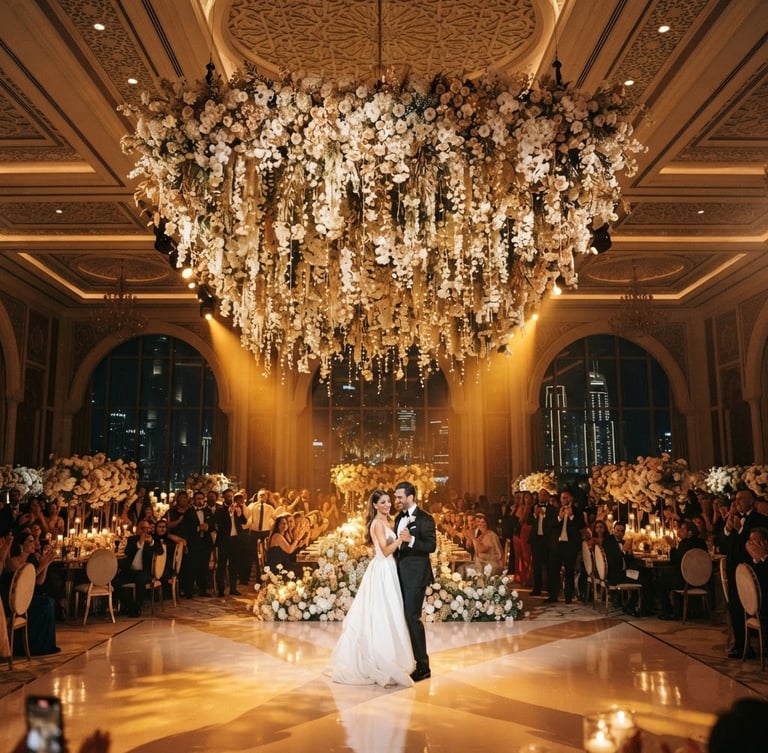 Dramatic environmental shot of a grand-scale wedding reception in Dubai, architectural floral canopy hanging from a towering ceiling, warm spotlighting, champagne tones, editorial luxury