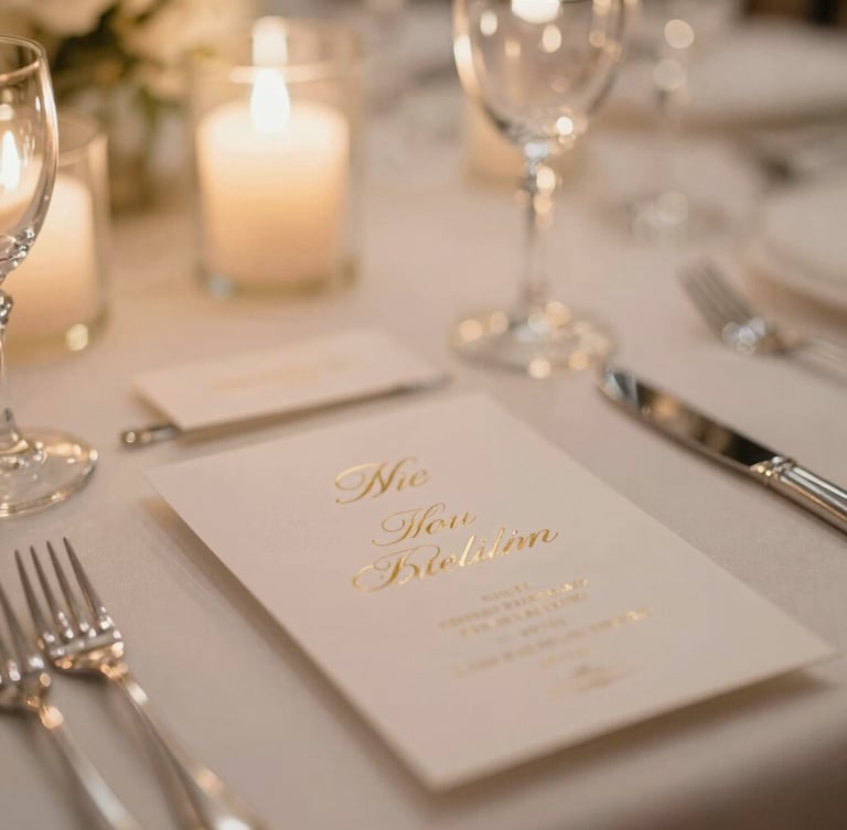 Close-up macro shot of a luxury wedding table setting, crystal glassware catching warm ambient candlelight, embossed champagne-gold invitations, soft focus