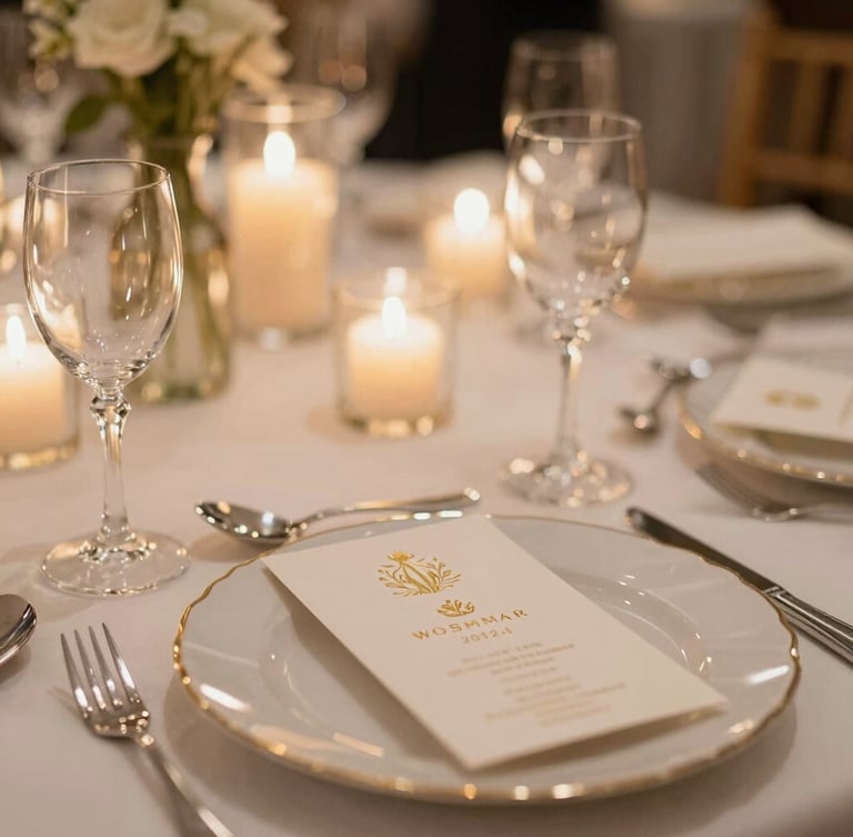 Close-up of an elegant luxury table setting, crystal glassware catching warm ambient candlelight, embossed champagne-gold invitations, shallow depth of field.