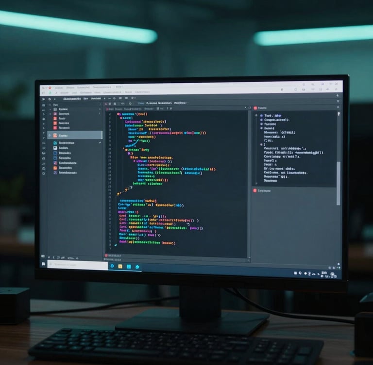 Cool-toned technical photography, sharp focus on a modern terminal screen running a React application compilation, low-key neon-teal backlighting, 35mm