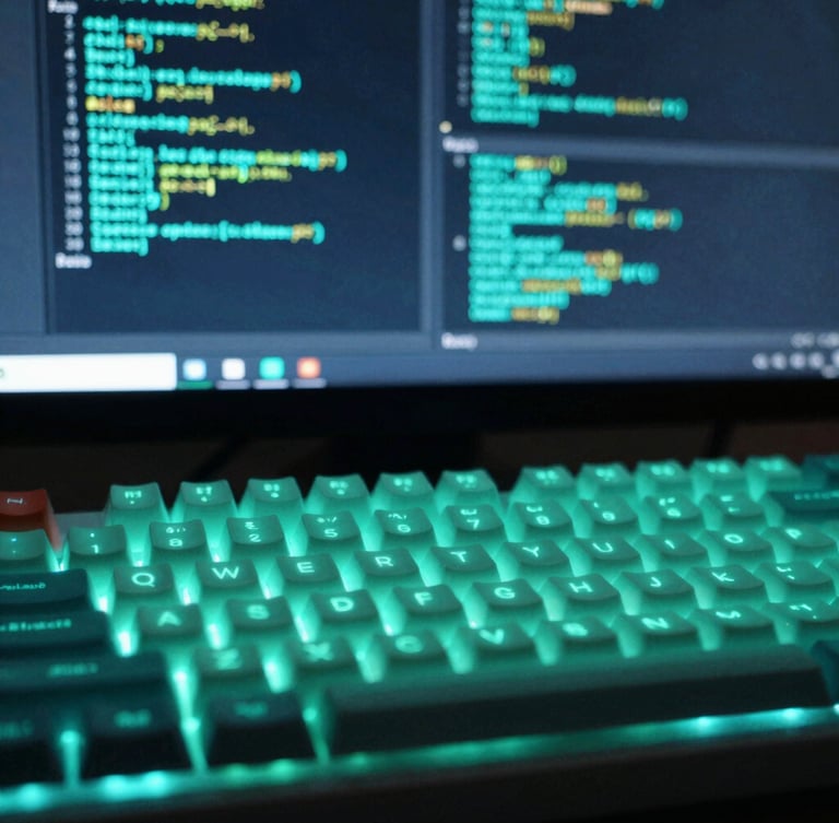 Macro focus on a mechanical keyboard and a screen displaying real-time Prometheus monitoring graphs, neon-teal glow, 35mm