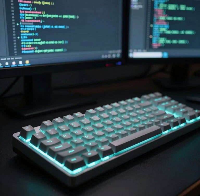 Macro shot of a mechanical keyboard and clean code on a monitor, cool-toned dark background with neon-teal backlighting, 35mm