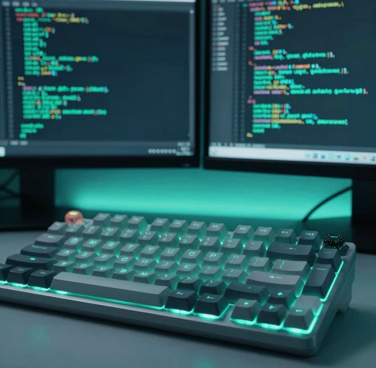 Macro 35mm shot of a mechanical keyboard and dual monitor setup displaying clean React code, low-key cool-toned neon-teal backlighting, professional developer workspace.