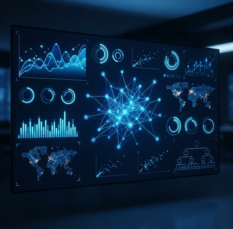 Ultra-quality graphic of a clean analytics dashboard with glowing electric blue data points and sharp contrasts, cool studio lighting, 35mm