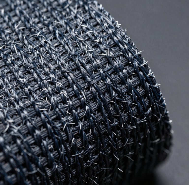 Extreme macro close-up of high-tensile technical fabric weave under intense white laboratory light, showing dense protective fibers, dark slate background, sharp focus, 35mm.