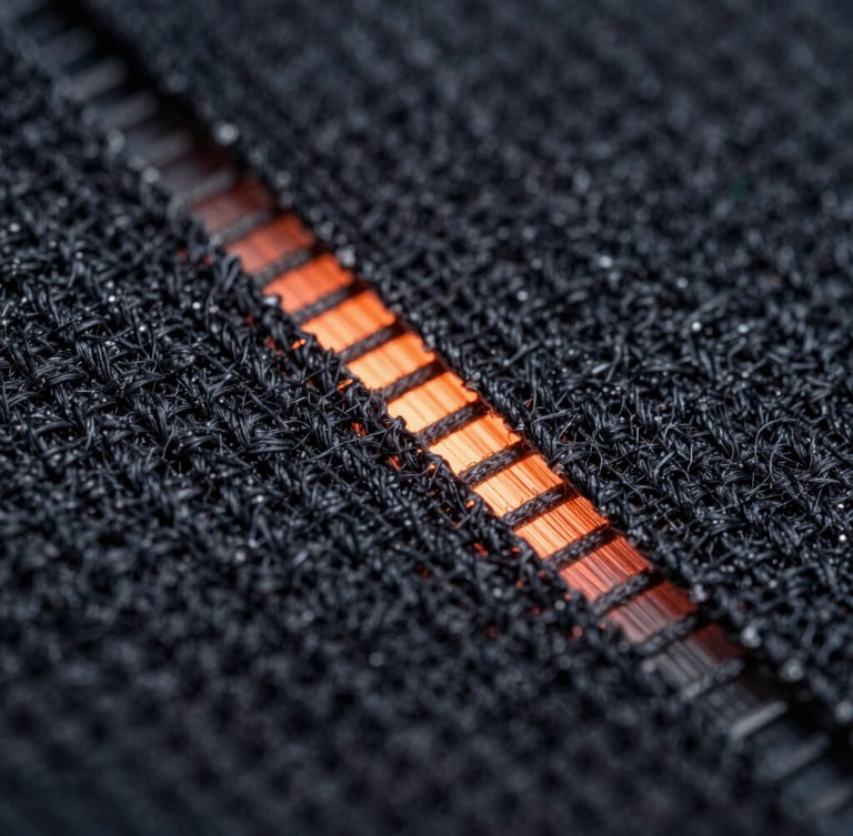 Macro texture close-up of dark technical weave fabric undergoing heat testing, subtle glowing heat elements behind the fibers, high contrast technical lighting