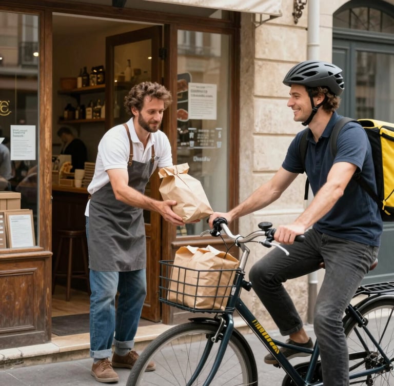 A warm, natural daylight medium shot of a local French baker handing a fresh package to a smiling bicycle courier outside a rustic bakery, 35mm lens.