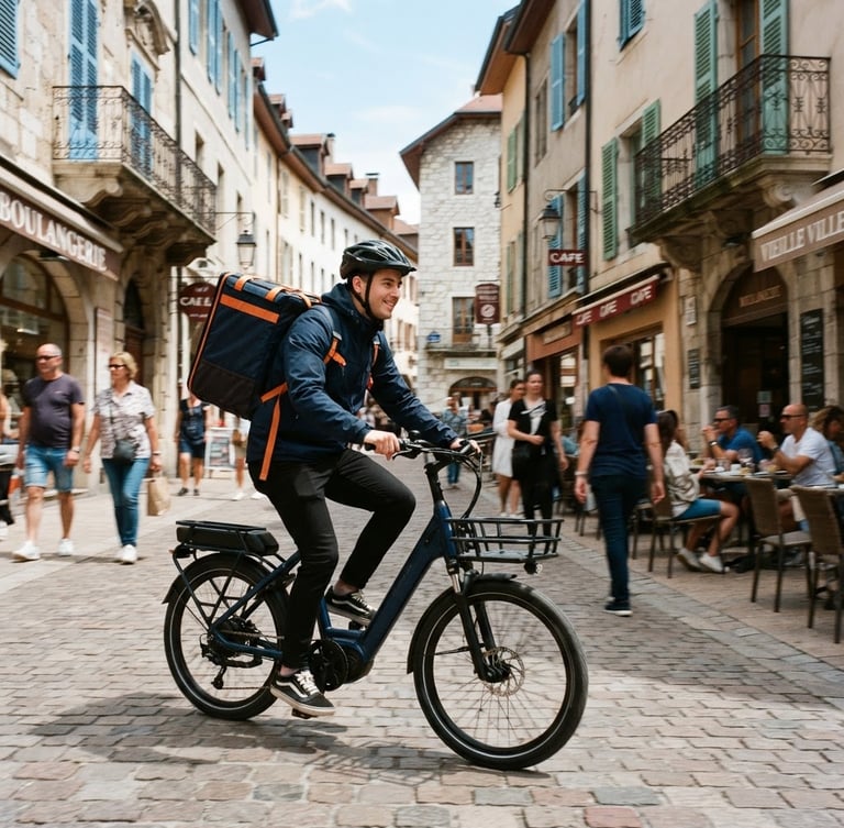 A courier on an electric bicycle navigating a sunny, historic French city street, carrying a professional delivery backpack, bright natural daylight, dynamic action shot, 35mm lens