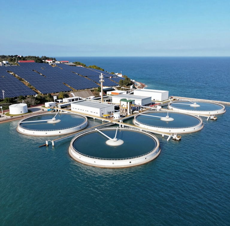 Aerial drone view of a modern coastal desalination facility, crisp blue ocean water, solar arrays on the hillside, bright natural daylight, wide-angle lens