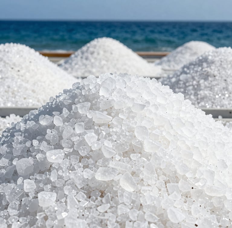 Macro photography of pure crystalline salt minerals stacked in a clean industrial collection bay, bright coastal daylight, high contrast.