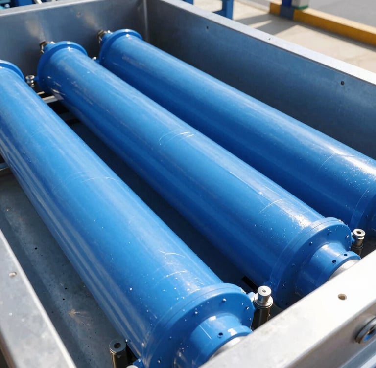 Extreme close-up of high-pressure reverse osmosis membranes inside an industrial facility, crisp blue lighting, technical steel housing.