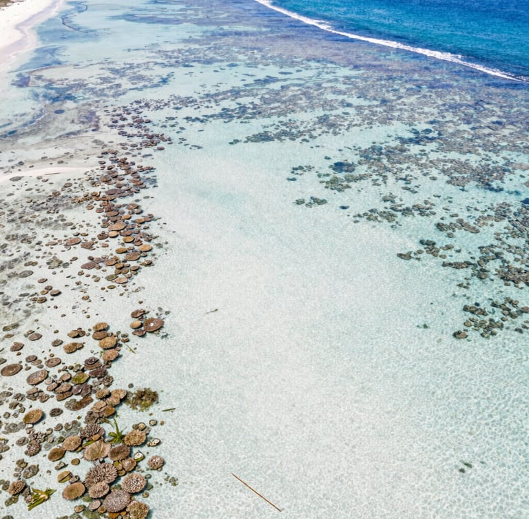 Wide aerial drone shot of a pristine coastal ecosystem with shallow turquoise water and healthy coral reefs, bright natural sunlight.