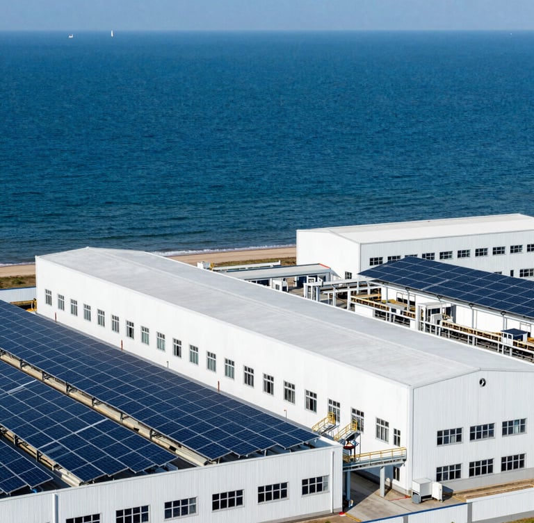 A clean modern industrial facility with solar arrays along a sunny coast, high-contrast deep ocean blues and whites, crisp industrial photography.