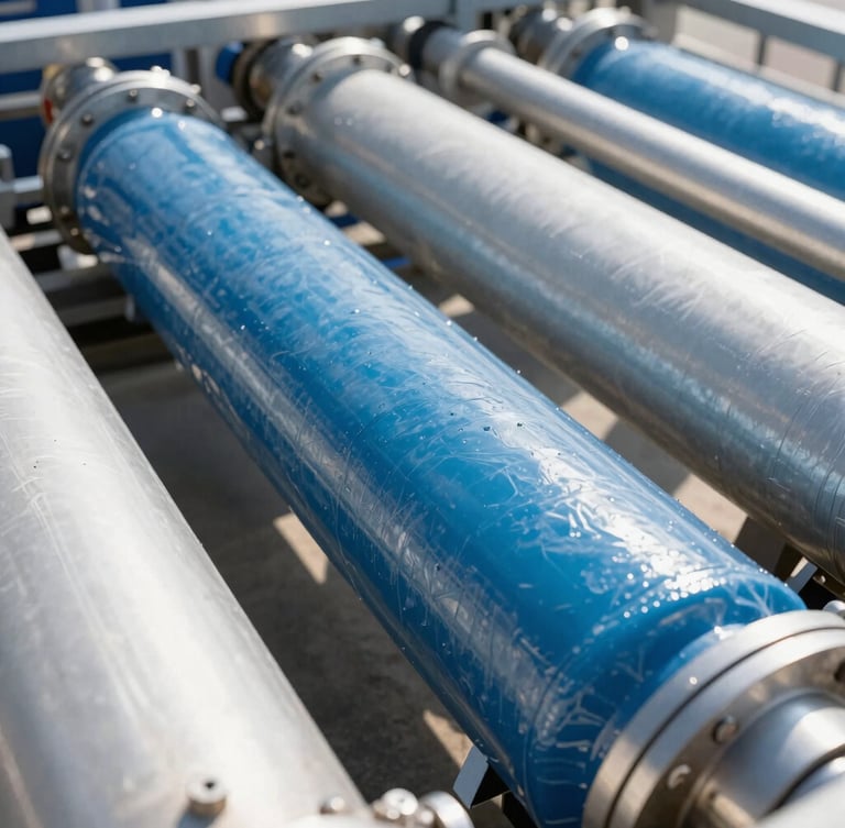 Extreme close-up of high-pressure reverse osmosis membranes inside an industrial facility, crisp metallic details, bright natural light reflecting off polished steel.