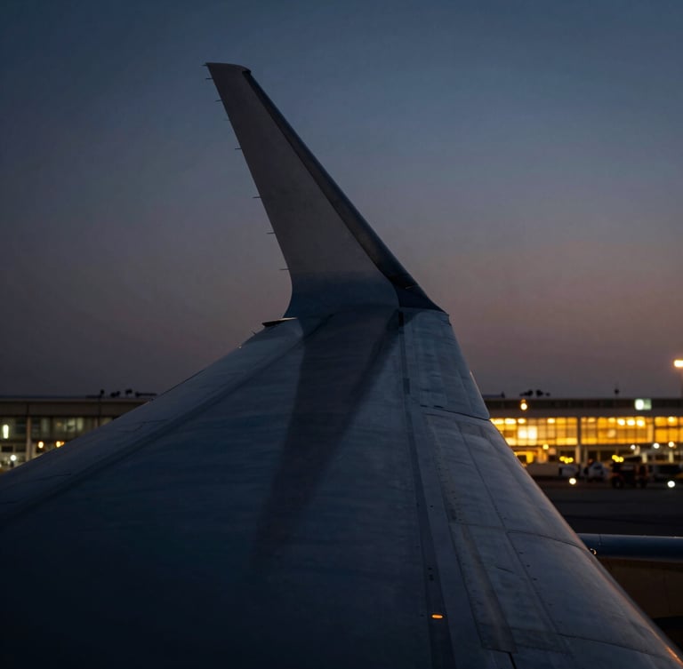 Macro detail of an aircraft wing edge against a deep gradient twilight sky, sharp metallic textures, warm cabin lights glowing in the distance.