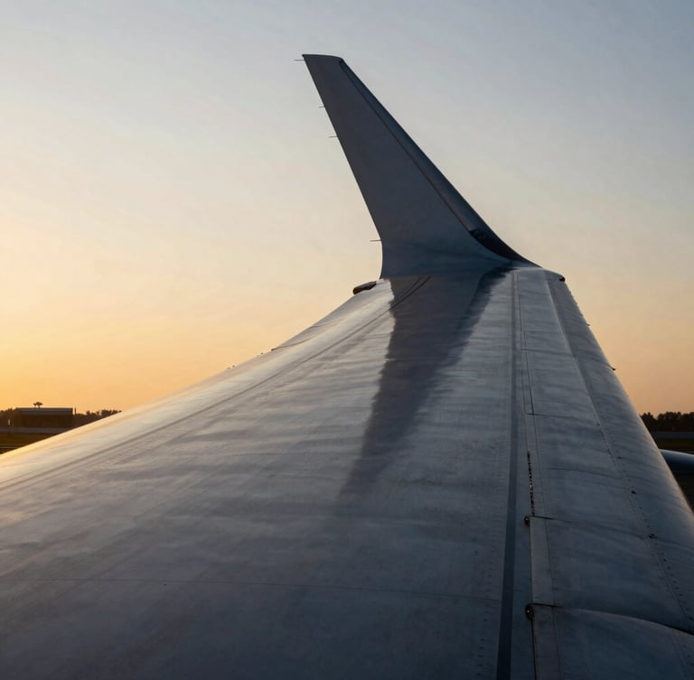 Dramatic architectural close-up of a modern aircraft wing reflecting golden hour sunlight, high-contrast clean lines, premium editorial feel