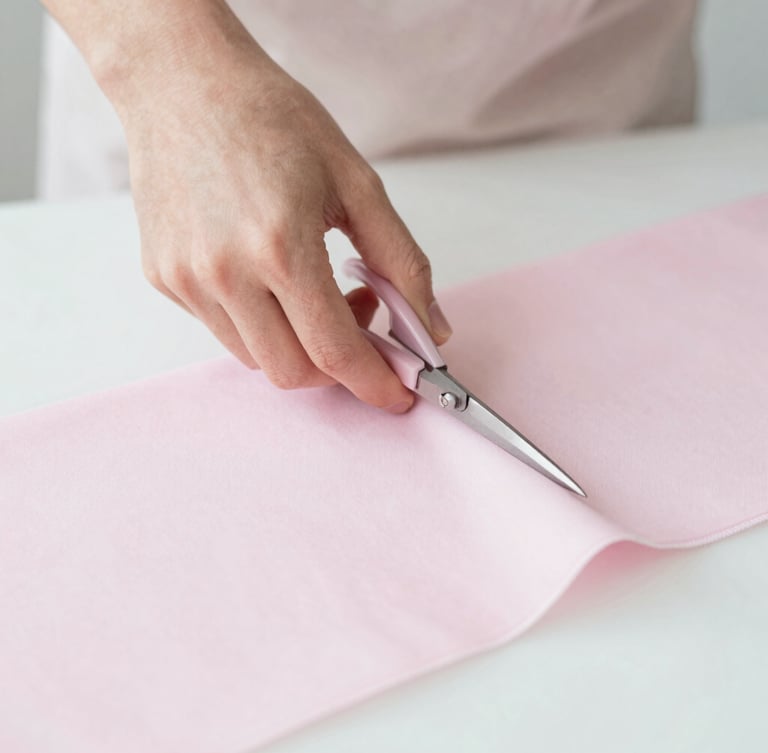 Close-up of hands carefully cutting light pink fabric with tailor's scissors on a white cutting mat, soft diffused morning light, delicate pastel tones, shallow depth of field, 50mm, soft editorial photography