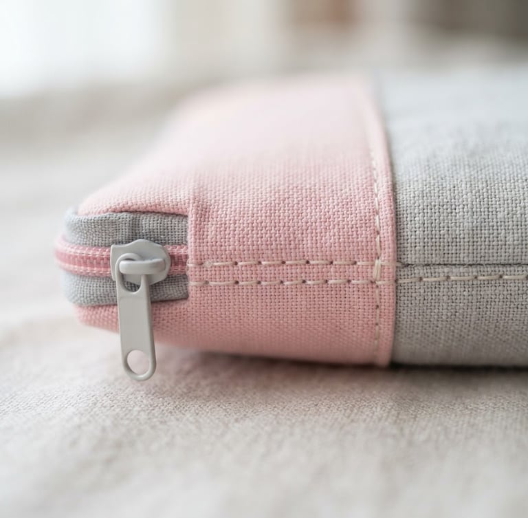 Close-up of a neatly stitched pastel pink and light gray textile accessory, showing structured fabric texture, soft diffused morning light, shallow depth of field, delicate minimalist editorial style.
