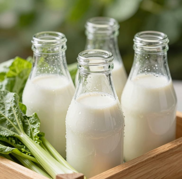Close-up of condensation-speckled glass milk bottles and crisp green vegetables in a wooden crate, bright natural morning daylight, shallow depth of field