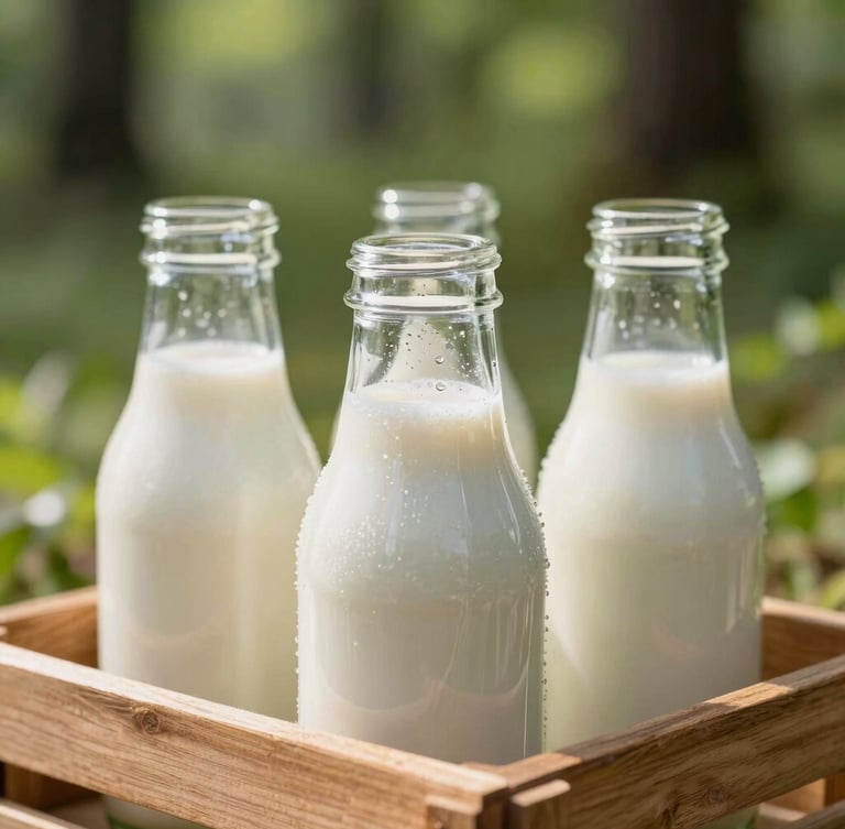 Condensation-speckled glass milk bottles standing in a wooden crate, bright natural morning daylight, rich forest green tones, shallow depth of field