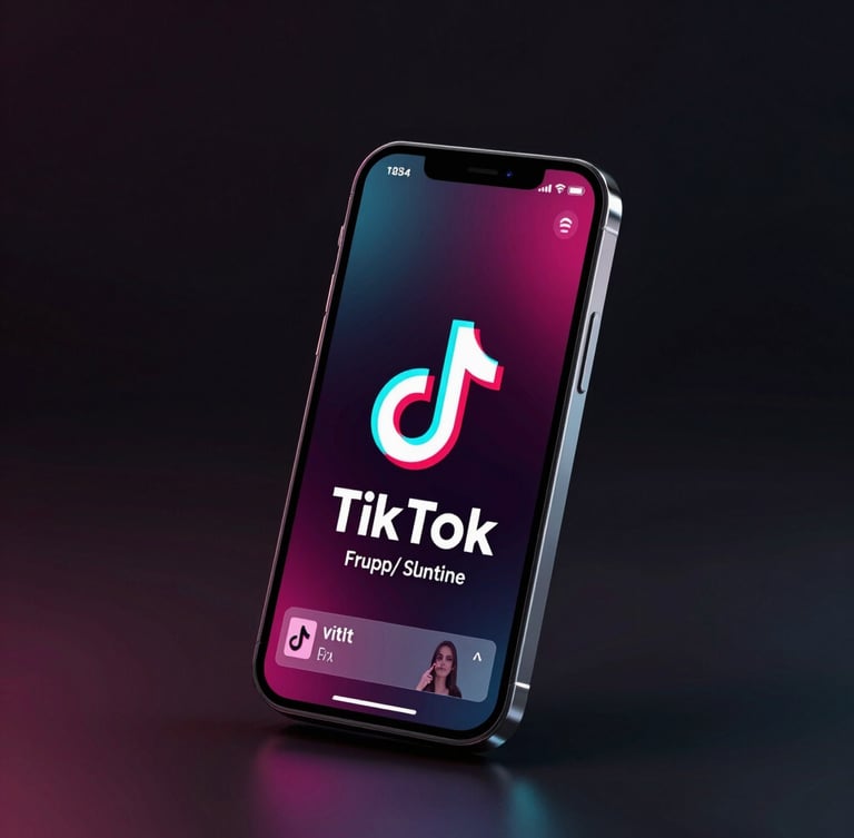 sleek 3D digital product render of a smartphone displaying a viral TikTok video with neon pink and cyan lighting, dark ambient background, high-contrast tech aesthetic
