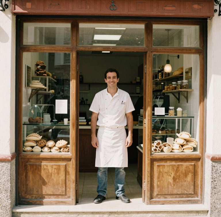 Warm editorial photography of a traditional Spanish bakery storefront with natural morning daylight, a friendly local baker standing in the doorway smiling, 35mm film look, shallow depth of field