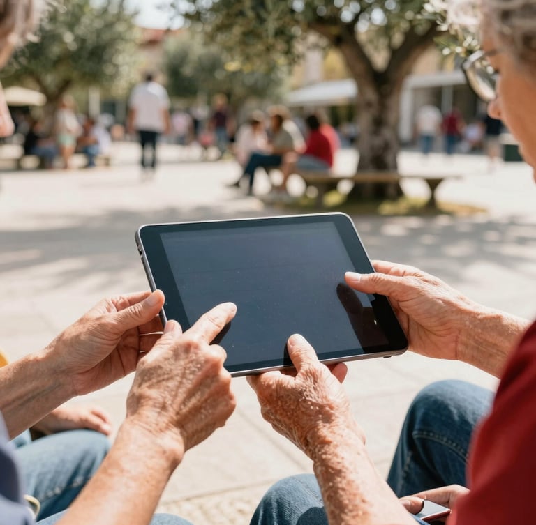 Close-up of hands of different generations sharing a tablet screen outdoors in a sunny public plaza, warm natural daylight, olive trees in the soft-focus background, authentic community action