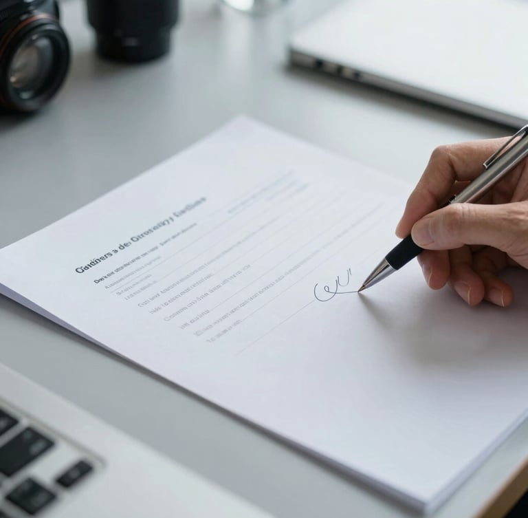 Close-up of high-quality paper documents being signed on a clean slate gray desk, soft natural daylight, sharp focus on the pen, professional environment.