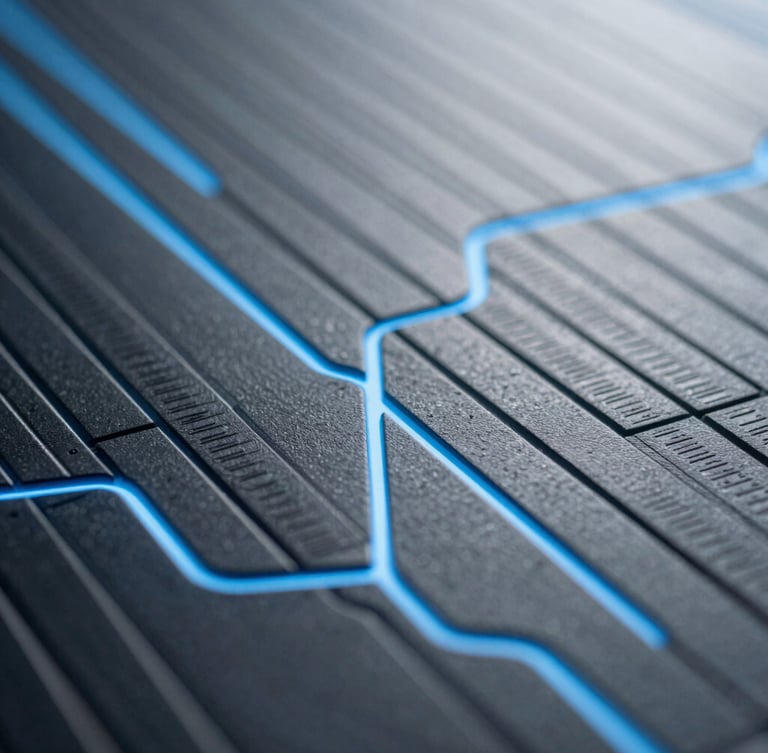 Abstract macro photography of structured data lines in cool daylight, focusing on crisp geometric patterns and glowing blue pathways, symbolizing high-precision R&D pipeline execution, structured and balanced composition.