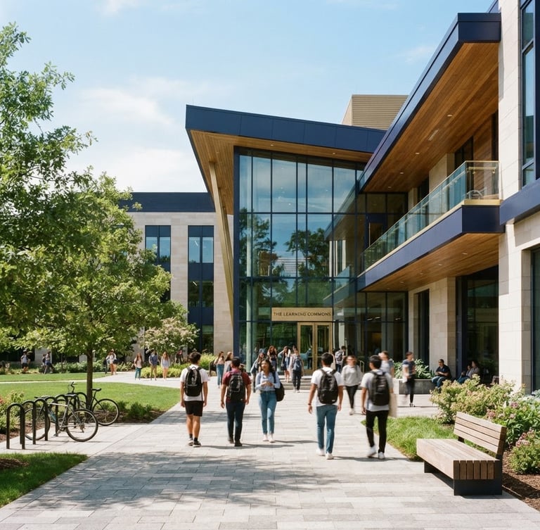 Structured composition of the modern school campus exterior, bright natural daylight, clean academic architecture, 35mm editorial photography.