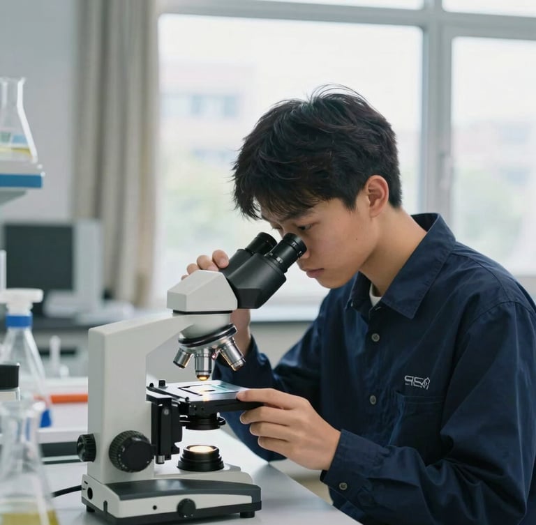 A focused student in a modern science laboratory examining a microscope slide, bright natural window light, structured 35mm editorial photography.