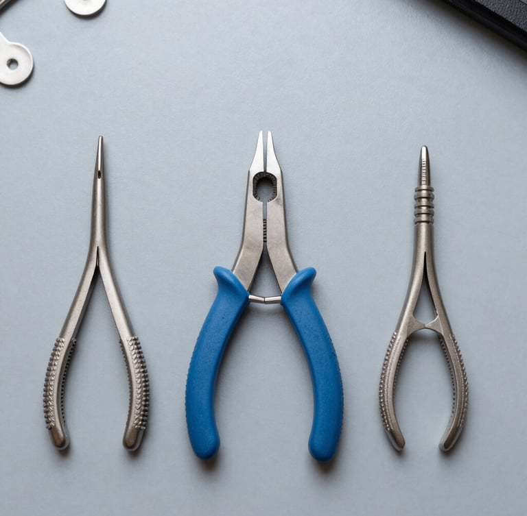 Top-down flat lay of precision computer repair tools on a clean slate gray workbench, cool daylight, high detail