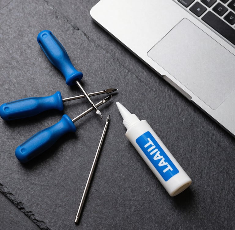 Top-down flat lay of professional IT tools, screwdrivers, thermal paste, and a clean disassembled laptop on a dark slate gray workspace, cool daylight, high clarity
