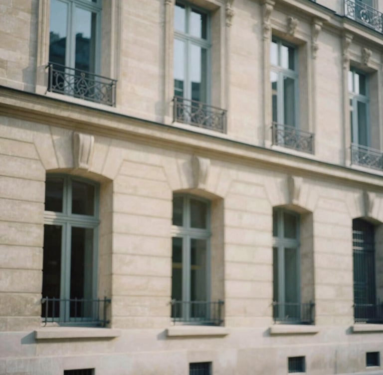 Elegant medium-long shot of classic Parisian limestone building facade, soft diffused daylight, muted navy shadows, shallow depth of field, 35mm