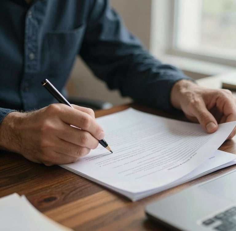 Close-up of hands signing high-quality heavy paper documents on a dark oak desk, soft natural light from a window, shallow depth of field, warm editorial style.