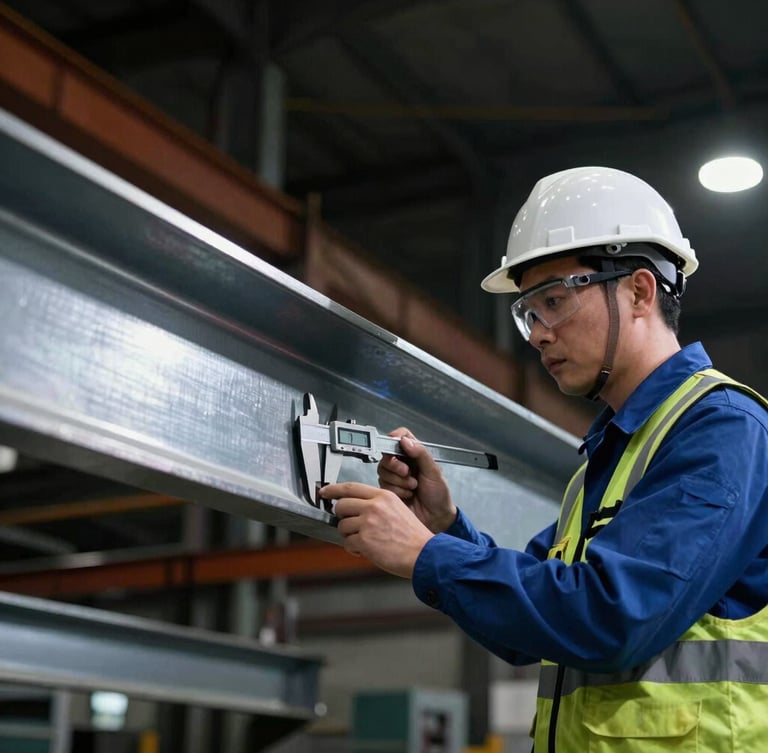 Quality control engineer in safety gear inspecting a massive structural steel beam with a digital caliper, high-contrast industrial lighting