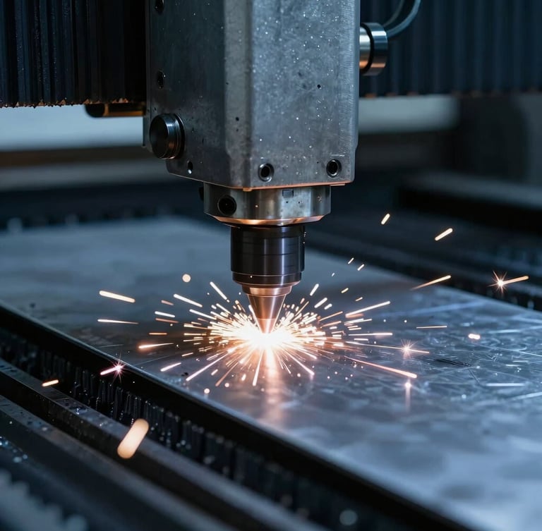 Extreme close-up of high-power CNC laser cutting machine emitting bright sparks on steel plate, dark industrial background, cool metallic blue tones, sharp details, 35mm lens