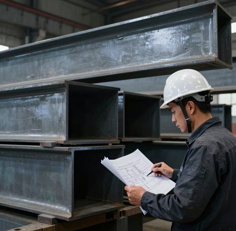Close-up of a structural engineer in a hardhat reviewing technical blueprints next to massive fabricated steel beams on a factory floor, dramatic industrial lighting, cool steel gray tones
