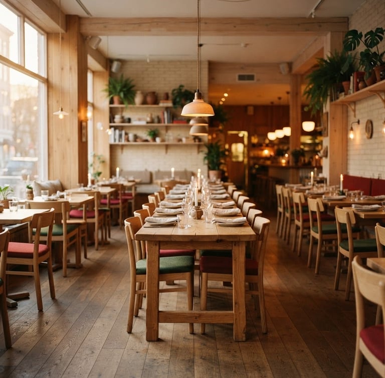 Cozy Scandinavian-style restaurant interior at golden hour, warm ambient light, empty tables, focus on natural wood and simple decor, wide shot with depth of field.